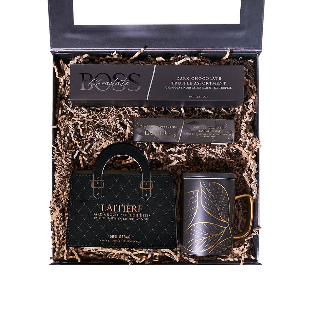 Graduation Truffle Gift Box, black & gold mug, dark chocolate high heels, a champagne-inspired chocolate bar, dark chocolate truffles, and a stylish gift box, Graduation Gifts from Canada Blooms - Canada Delivery