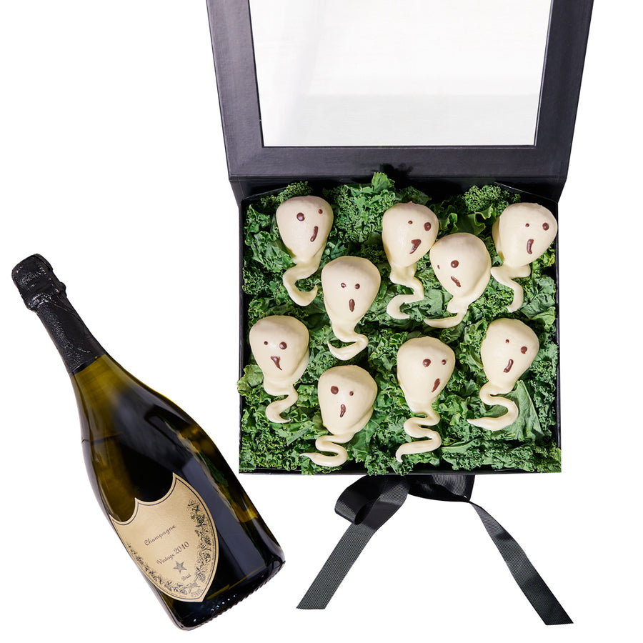 Halloween Champagne & Dessert Gift Set, Halloween Snack crate, Halloween gift baskets, halloween, holiday gift, holiday, chocolate dipped strawberries, chocolate covered strawberries, sparkling wine, sparkling wine gift, champagne gift, champagne, Blooms Canada Delivery
