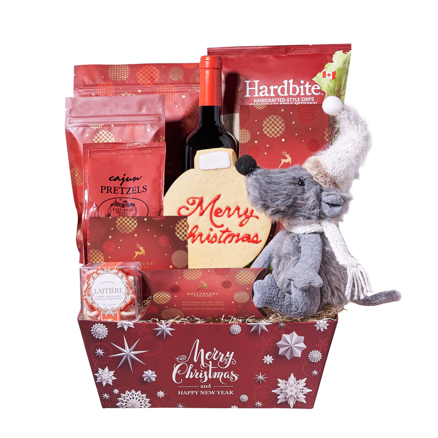 Holiday Mouse & Wine Gift Basket, Blooms Canada Delivery