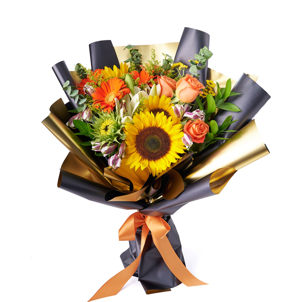 Let Your Light Shine Sunflower Bouquet, range of vibrant hues showcasing sunflowers, lilies, daisies, roses, alstroemeria, and more from Canada Blooms - Canada Delivery