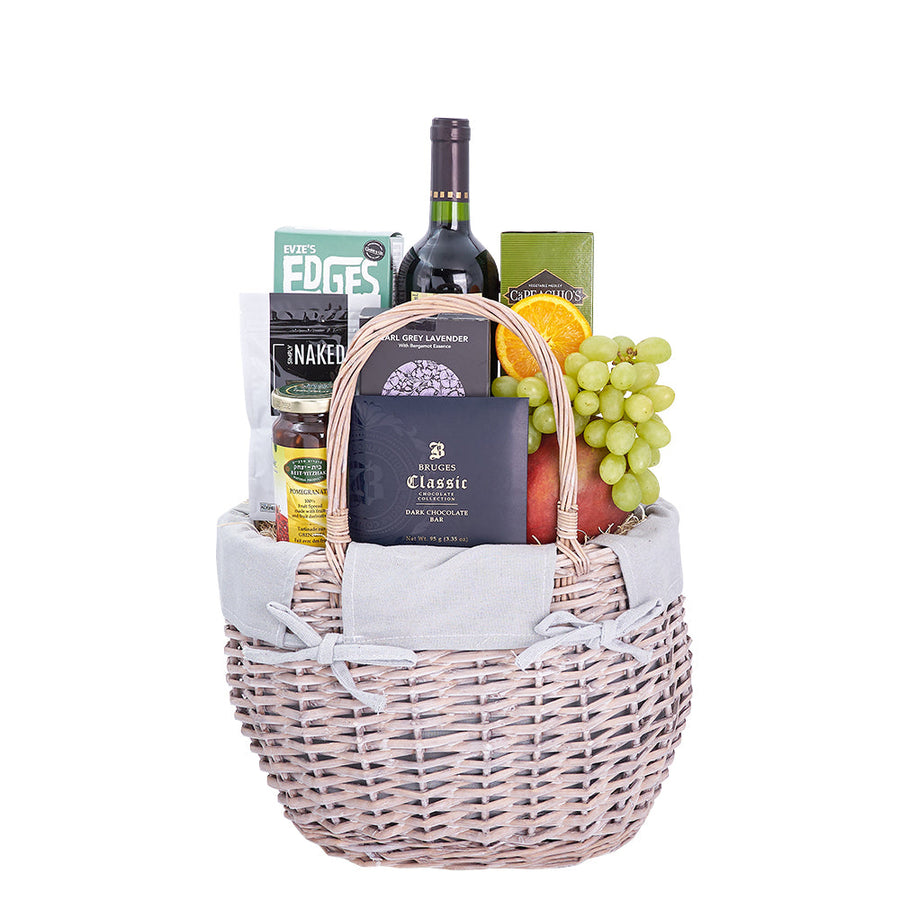 Luxurious Fresh Delights Kosher Wine Gift Basket, delightful assortment of fresh fruit, delectable gourmet snacks, tea, and a bottle of Kosher wine, all elegantly presented in a beautiful wicker market basket, Gourmet Gifts from Blooms Canada - Same Day Canada Delivery.