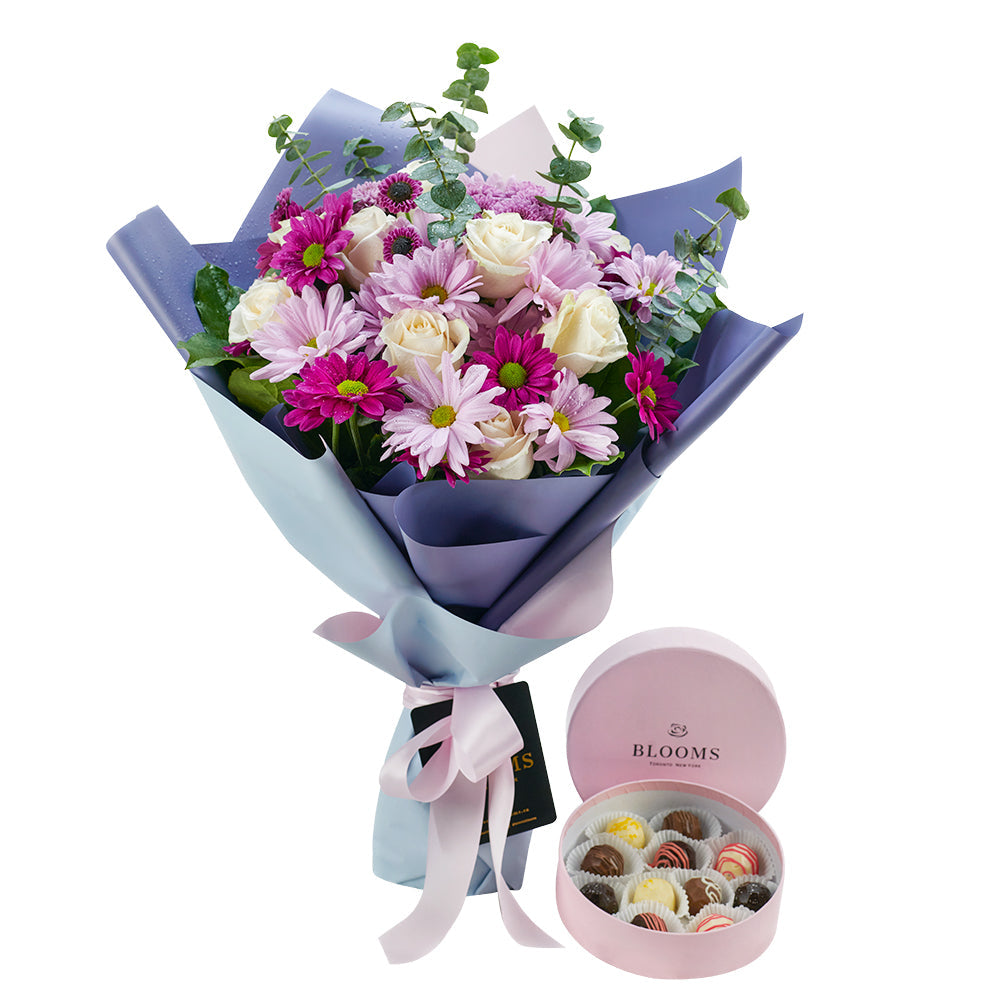 Mixed Lavender Floral Gift Set, pink and purple roses, daisies, eucalyptus, and salal in a floral wrap and tied with designer ribbon, 12 assorted chocolate truffles, Floral Gifts from Canada Blooms - Canada Delivery