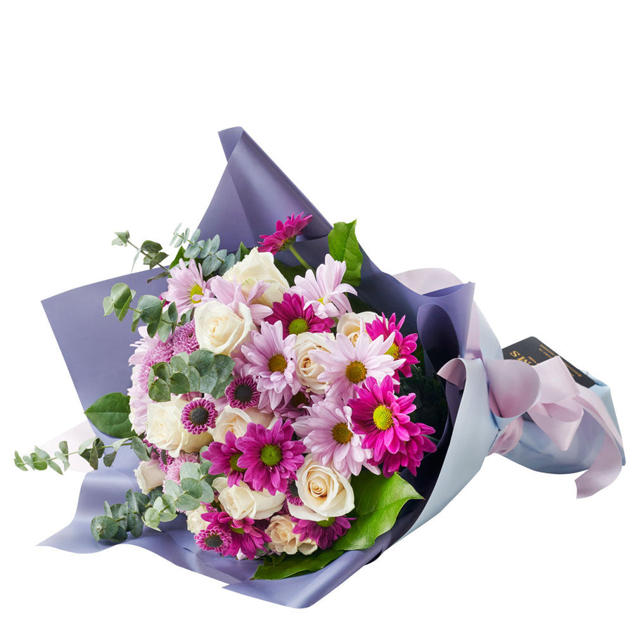 Mixed Lavender Floral Gift Set, pink and purple roses, daisies, eucalyptus, and salal in a floral wrap and tied with designer ribbon, 12 assorted chocolate truffles, Floral Gifts from Blooms Canada - Same Day Canada Delivery.