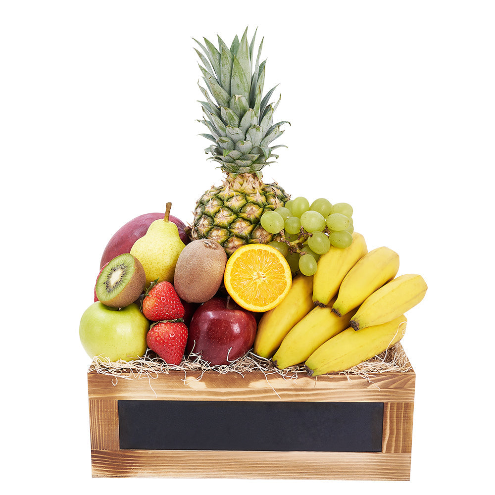 Monroe Country Fruit Basket, array of fresh and delicious fruits, a pineapple, pears, bananas, strawberries, and an assortment of seasonal fruits presented in a charming wooden crate, Fruit Gifts from Canada Blooms - Canada Delivery