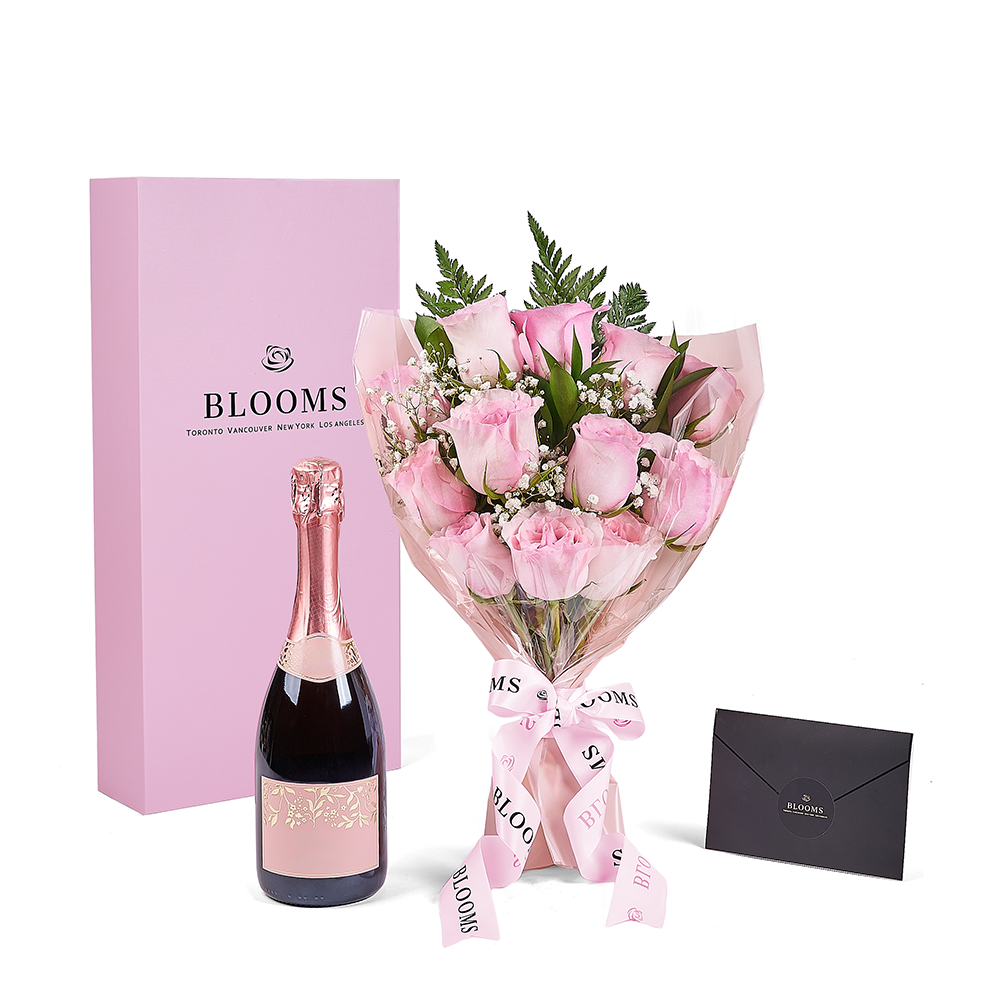 Mother’s Day 12 Stem Pink Rose Bouquet with Box & Champagne