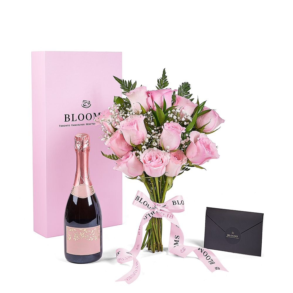 Mother’s Day 12 Stem Pink Rose Bouquet with Box & Champagne, champagne gift, champagne, sparkling wine gift, sparkling wine, mothers day gift, mothers day, – Canada Blooms - Canada Delivery