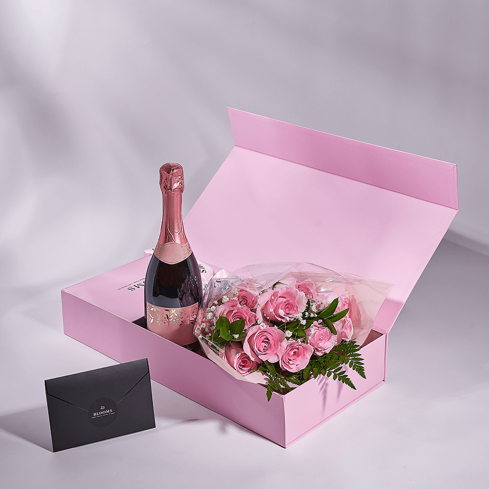 Mother’s Day 12 Stem Pink Rose Bouquet with Box & Champagne, champagne gift, champagne, sparkling wine gift, sparkling wine, mothers day gift, mothers day,– Canada Blooms - Canada Delivery