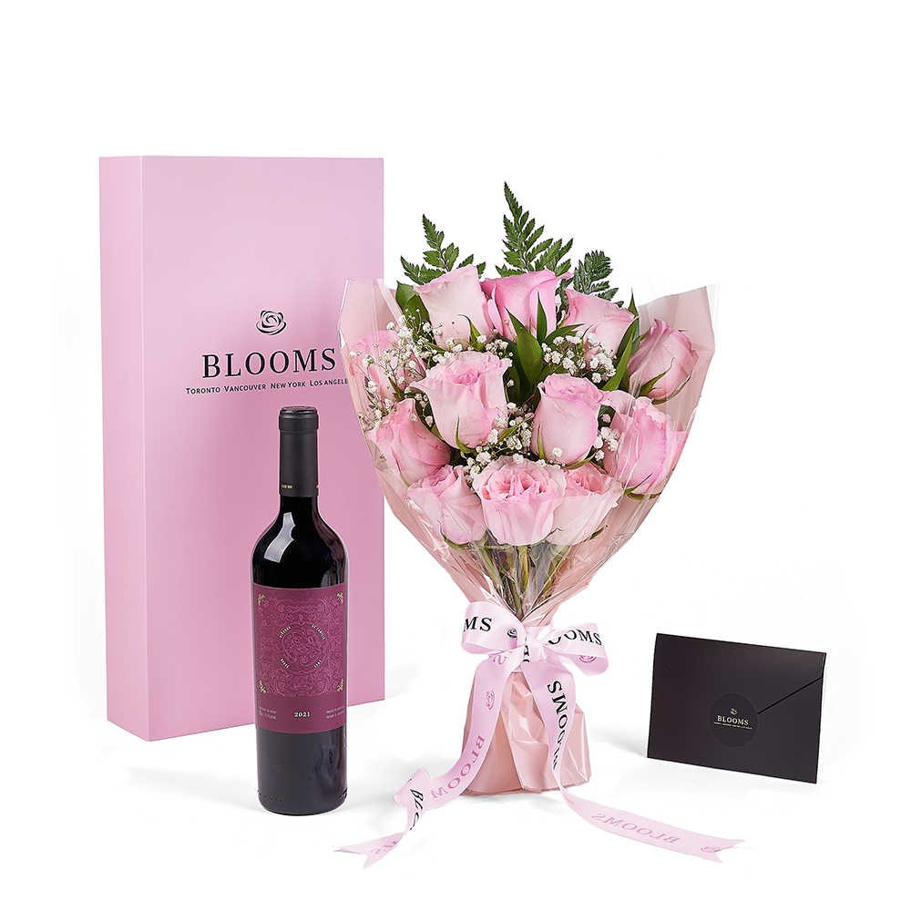Mother’s Day 12 Stem Pink Rose Bouquet with Box & Wine