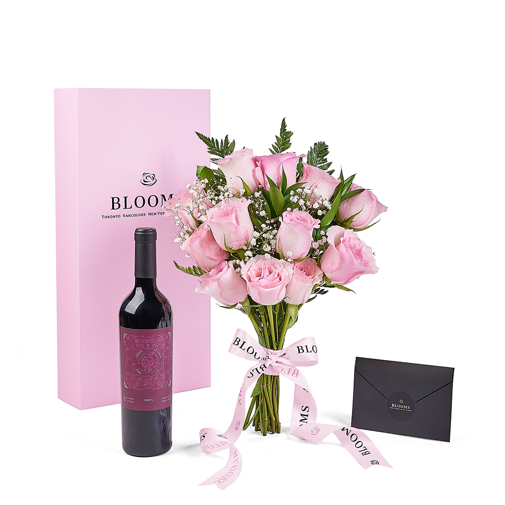 Mother’s Day 12 Stem Pink Rose Bouquet with Box & Wine, rose gift, rose, mothers day gift, mothers day, wine gift, wine, Canada delivery