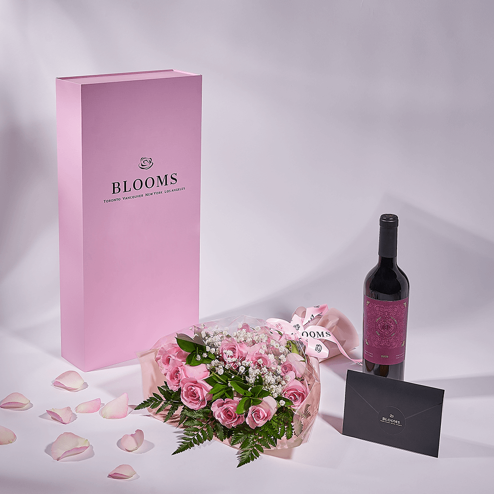 Mother’s Day 12 Stem Pink Rose Bouquet with Box & Wine, rose gift, rose, mothers day gift, mothers day, wine gift, wine, Canada delivery