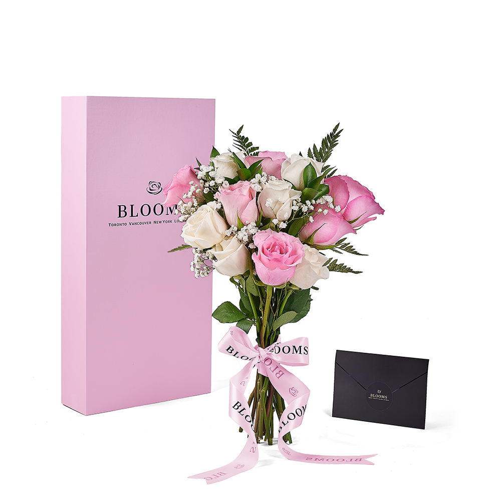 Mother’s Day 12 Stem Pink & White Rose Bouquet with Box, mothers day gift, mothers day, rose gift, rose, – Canada Blooms - Canada Delivery