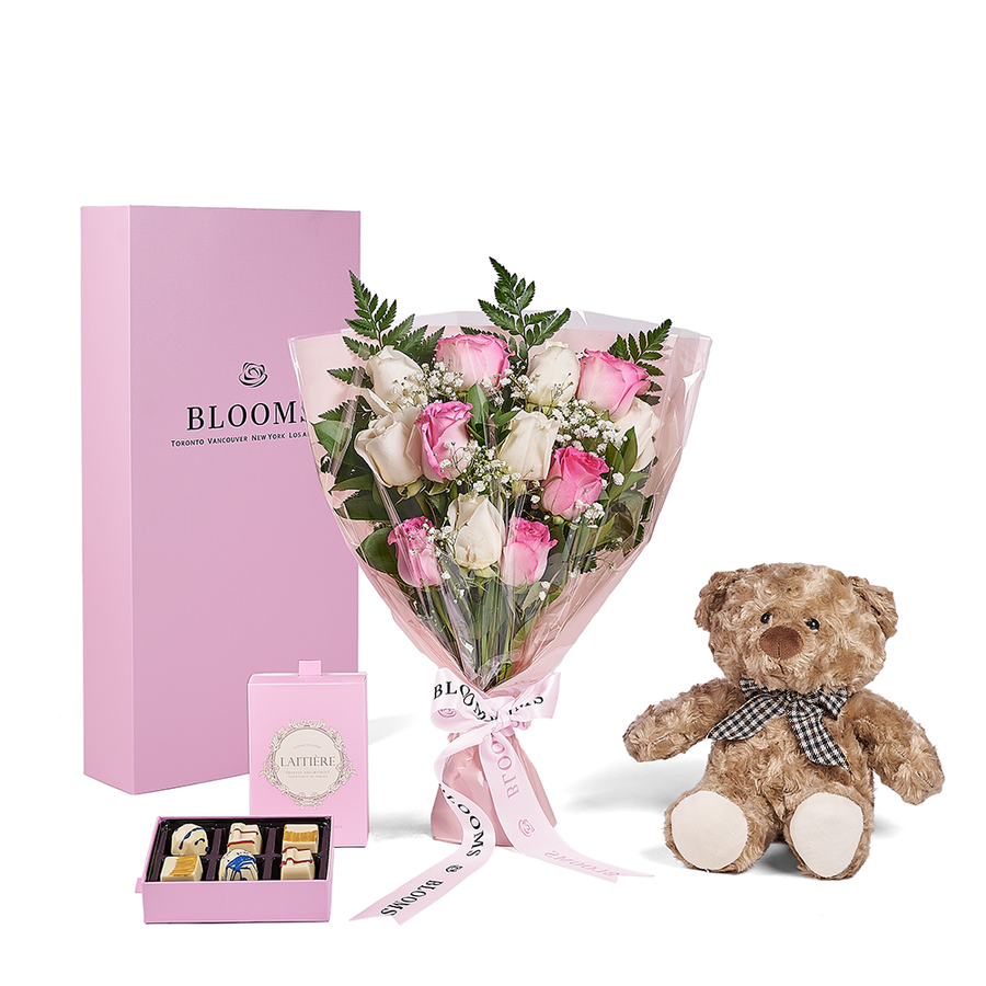 Mother’s Day 12 Stem Pink & White Rose Bouquet with Box, Bear, & Chocolate, mothers day gift, mothers day, plush gift, plush, rose gift, rose, – Canada Blooms - Canada Delivery
