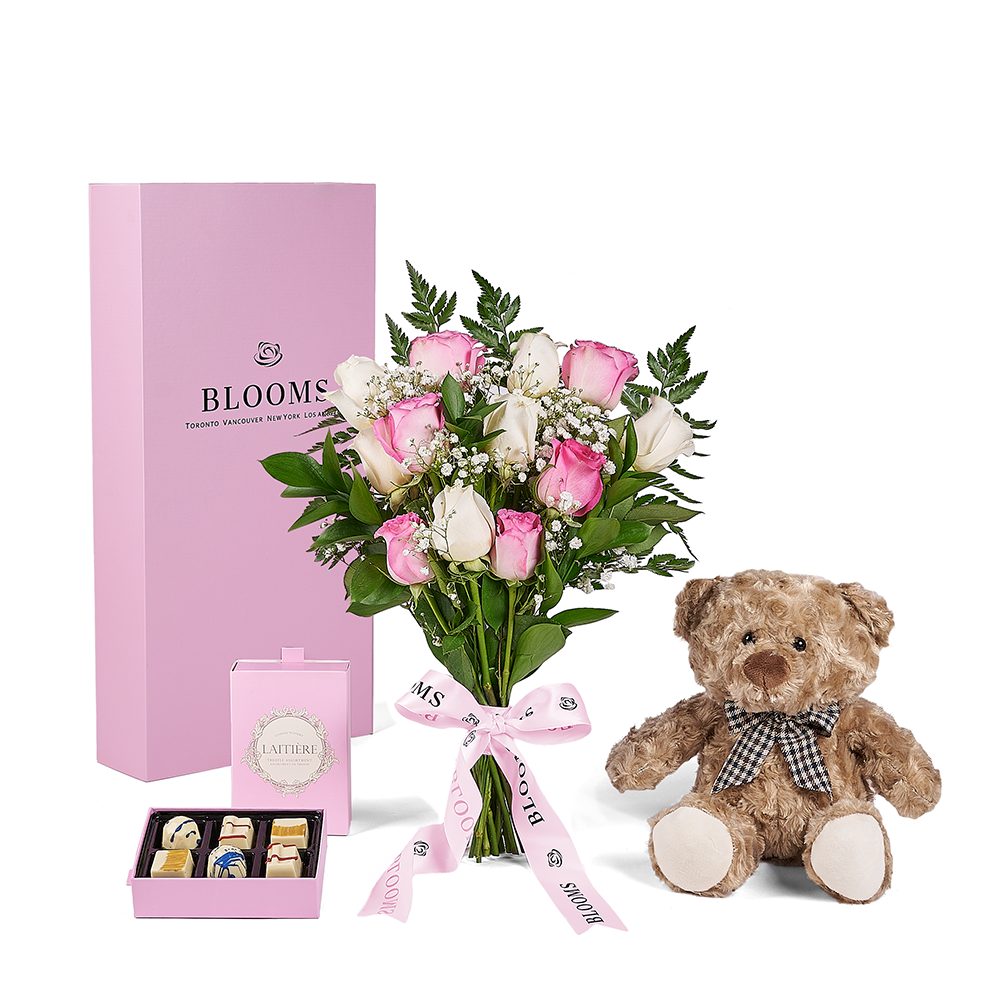 Mother’s Day 12 Stem Pink & White Rose Bouquet with Box, Bear, & Chocolate, mothers day gift, mothers day, plush gift, plush, rose gift, rose, – Canada Blooms - Canada Delivery