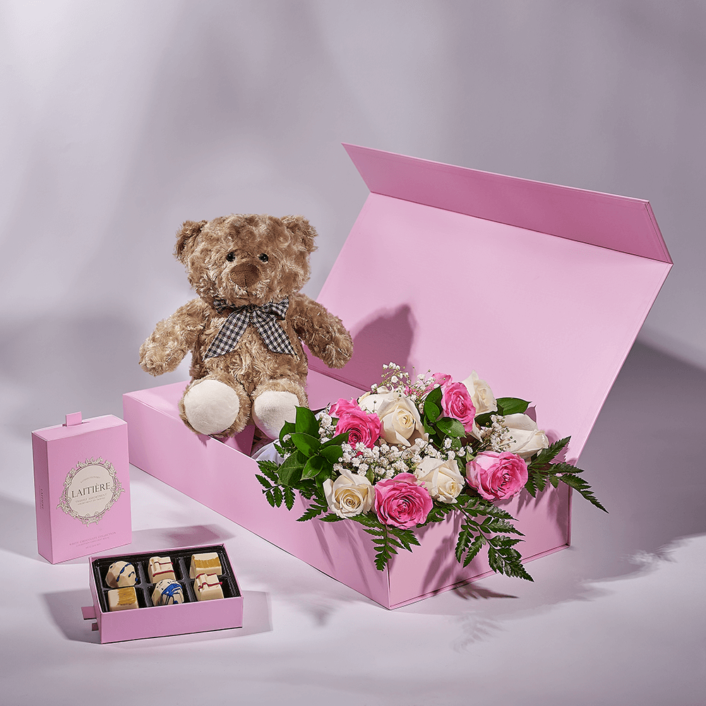 Mother’s Day 12 Stem Pink & White Rose Bouquet with Box, Bear, & Chocolate, mothers day gift, mothers day, plush gift, plush, rose gift, rose, – Canada Blooms - Canada Delivery