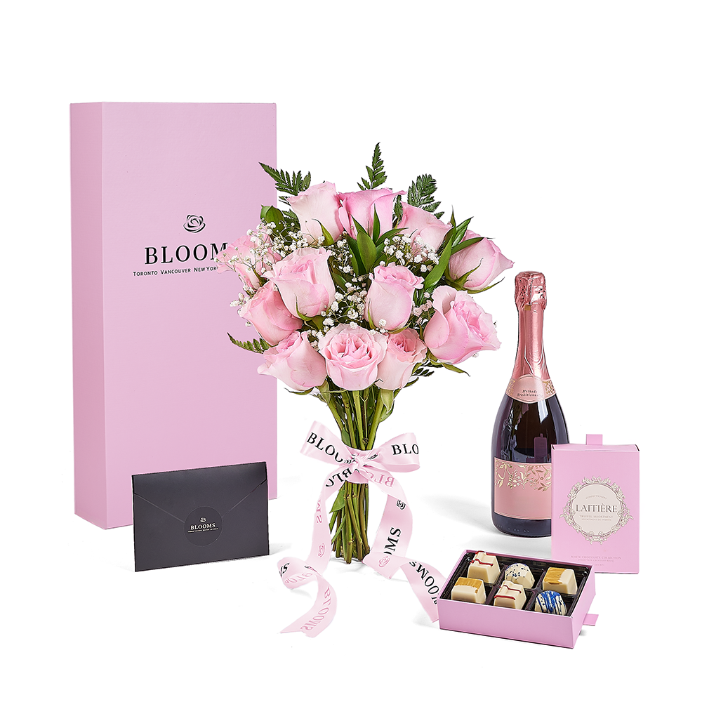 Mother’s Day Dozen Pink Rose Bouquet with Box, Champagne, & Chocolate, champagne gift, champagne, sparkling wine gift, sparkling wine, mothers day gift, mothers day, – Canada Blooms - Canada Delivery