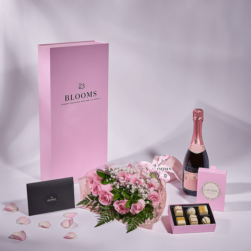Mother’s Day Dozen Pink Rose Bouquet with Box, Champagne, & Chocolate, champagne gift, champagne, sparkling wine gift, sparkling wine, mothers day gift, mothers day,– Canada Blooms - Canada Delivery