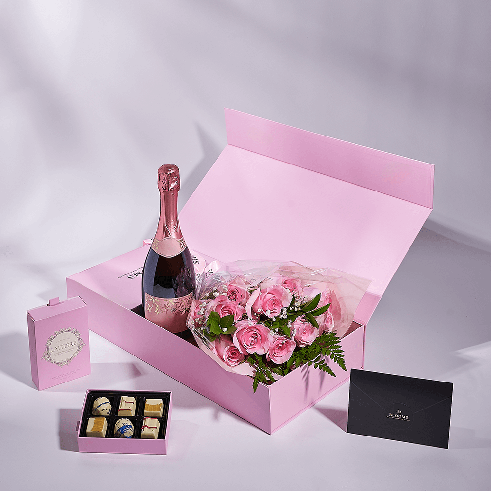Mother’s Day Dozen Pink Rose Bouquet with Box, Champagne, & Chocolate, champagne gift, champagne, sparkling wine gift, sparkling wine, mothers day gift, mothers day, – Canada Blooms - Canada Delivery