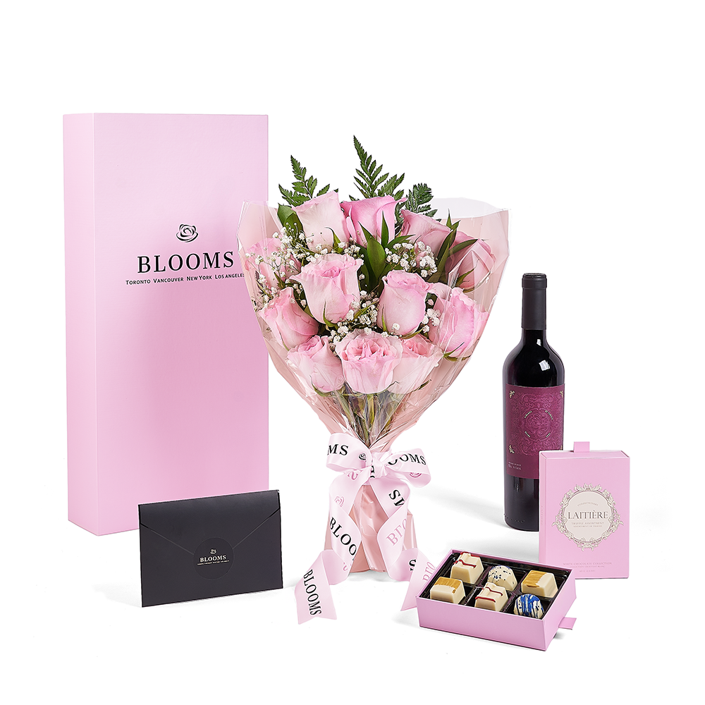 Mother’s Day Dozen Pink Rose Bouquet with Box, Wine, & Chocolate