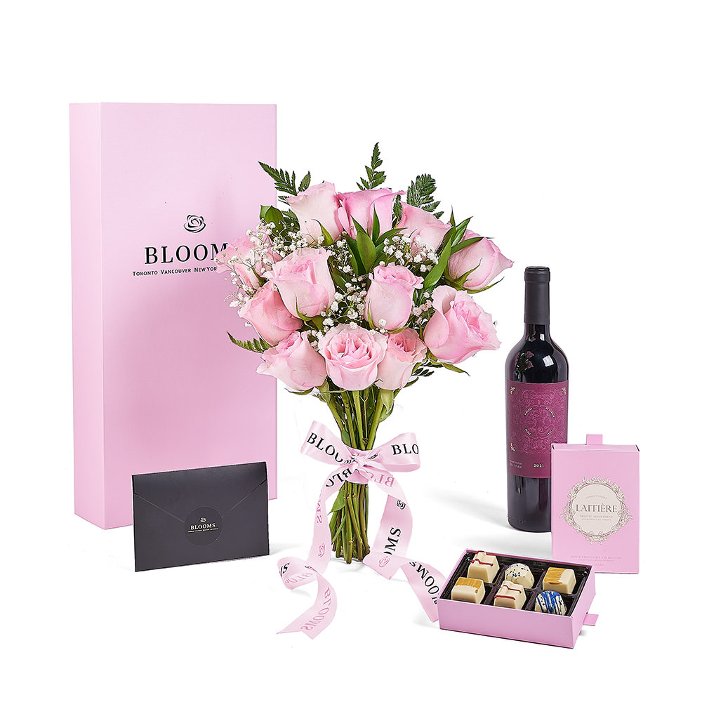 Mother’s Day Dozen Pink Rose Bouquet with Box, Wine, & Chocolate, rose gift, rose, mothers day gift, mothers day, wine gift, wine, – Canada Blooms - Canada Delivery