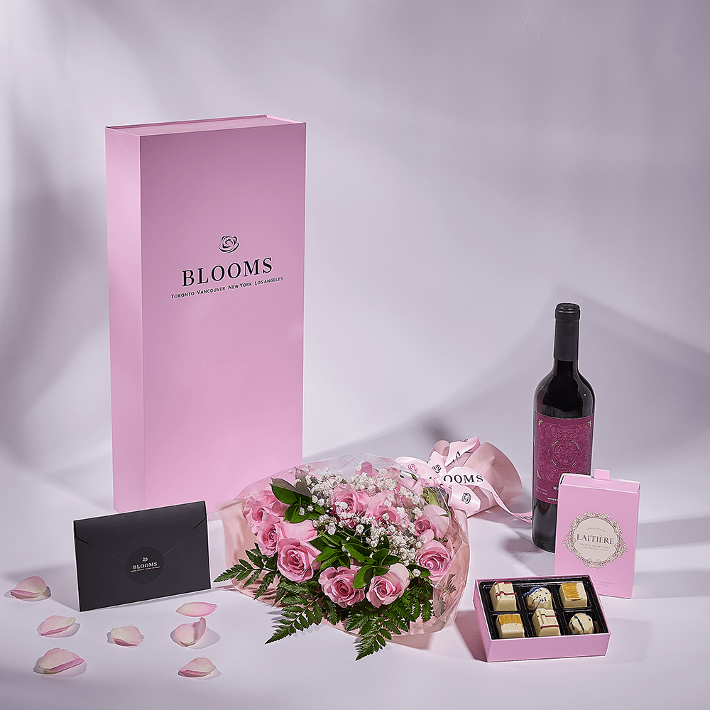 Mother’s Day Dozen Pink Rose Bouquet with Box, Wine, & Chocolate, rose gift, rose, mothers day gift, mothers day, wine gift, wine, – Canada Blooms - Canada Delivery