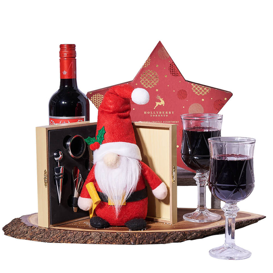 Mr. Claus Holiday Wine Gift, wine gift, wine, christmas, gift, christmas, holiday gift, holiday, gourmet gift, gourmet, chocolate gift, chocolate. Blooms Canada- Blooms Canada Delivery