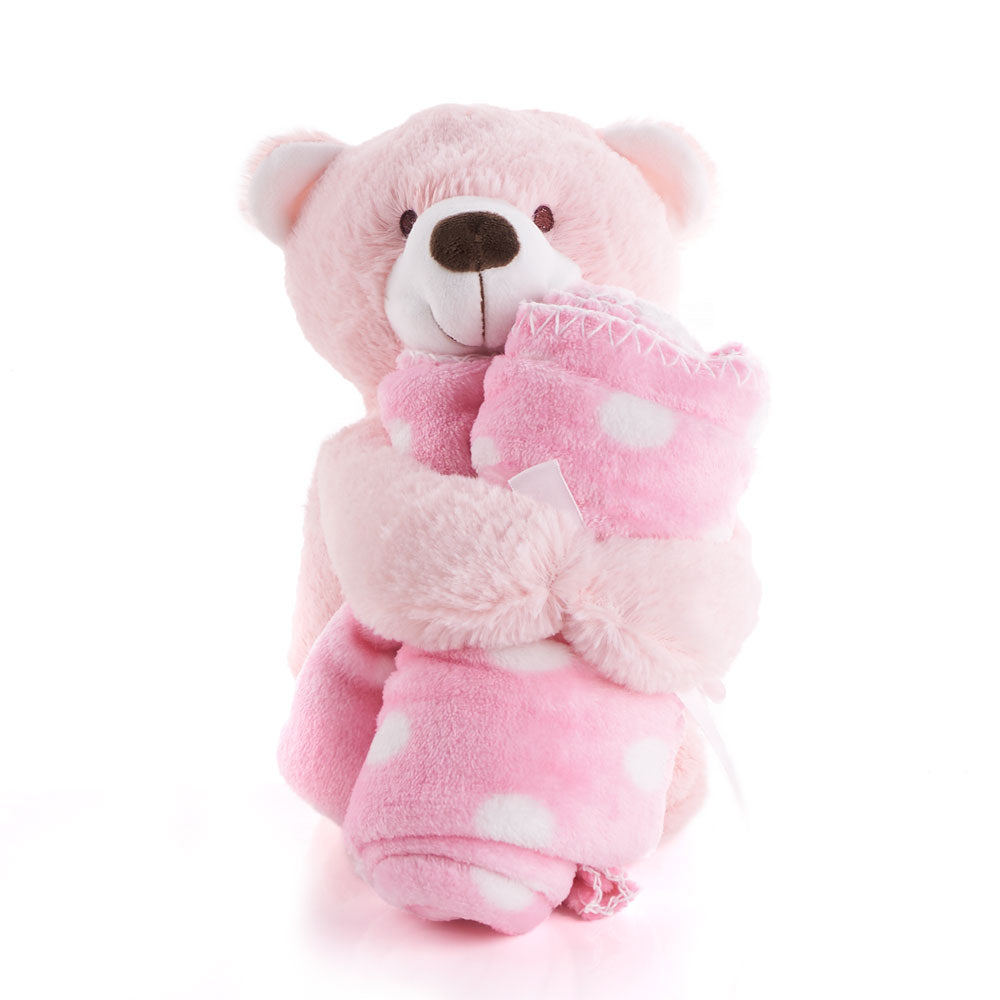 Pink Hugging Blanket Bear, Soft and plush, this pink stuffed bear toy hugs a pink baby blanket, Baby Gifts from Canada Blooms - Canada Delivery