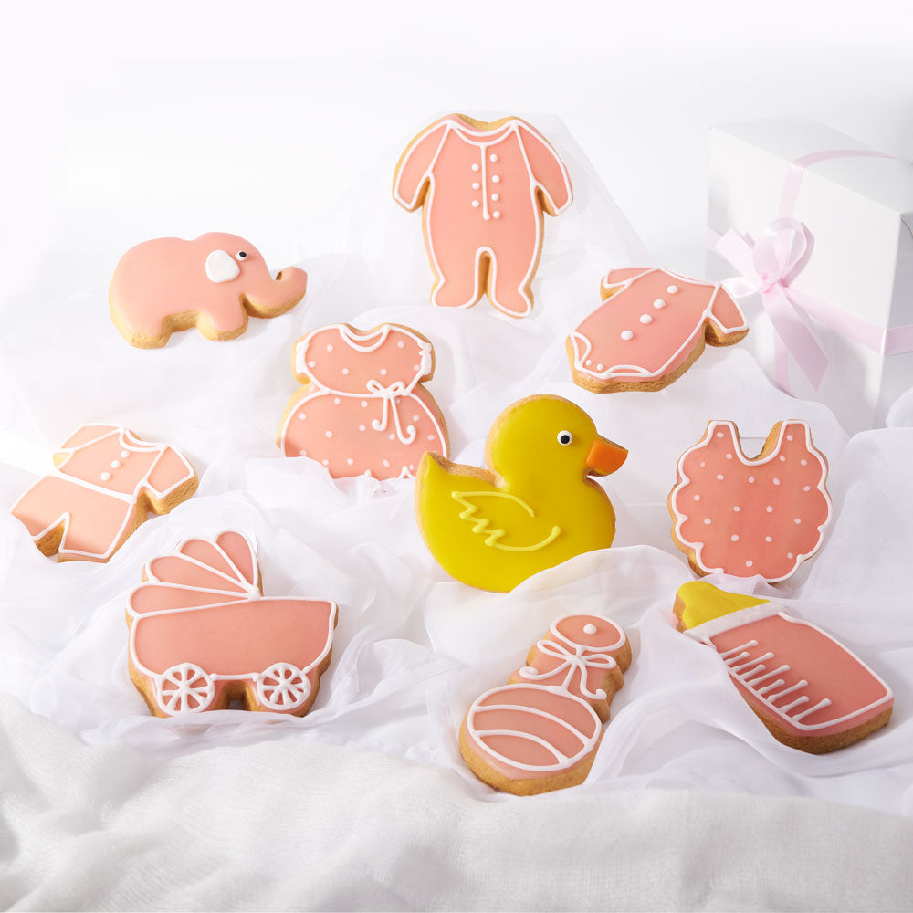 Pink Welcome Baby Cookie Box, box of fresh-baked and hand-decorated cookies featuring baby-themed shapes. This set comes with 10 cookies, Baby Gifts from Canada Blooms - Canada Delivery