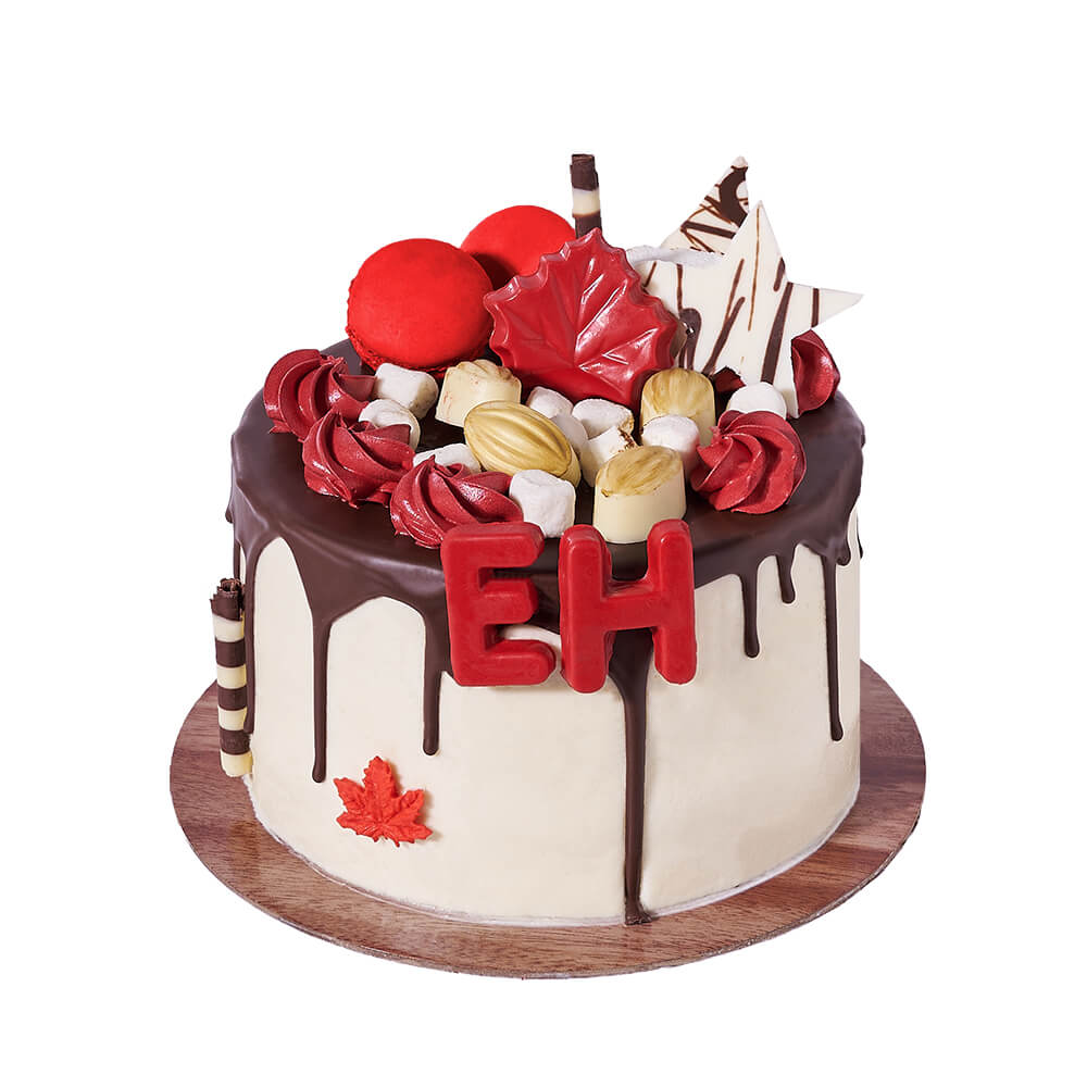 Red Velvet Canada Day Cake, decadent six-inch red velvet cake adorned with delightful Canada-themed decorations, Cake Gifts from Canada Blooms - Same Day Canada Delivery.