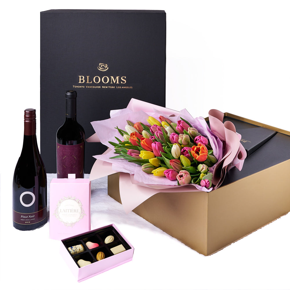 Resplendent Spring Tulip Gift Set, tulip gift baskets, gourmet gifts, gifts, tulips, wine gifts – Canada Blooms - Canada Delivery