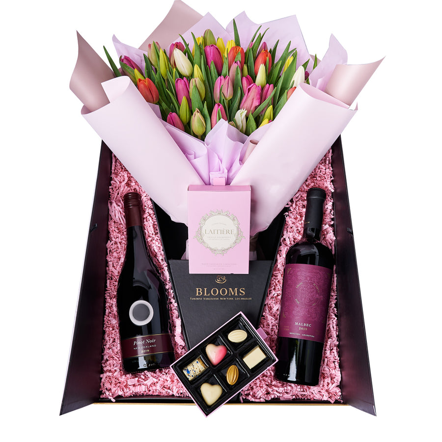 Resplendent Spring Tulip Gift Set, tulip gift baskets, gourmet gifts, gifts, tulips, wine gifts – Canada Blooms - Canada Delivery