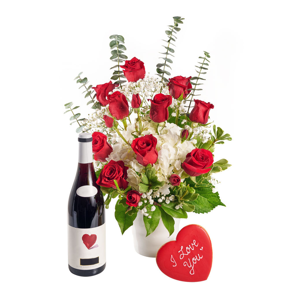 Rose and Hydrangea Vase with Wine - Wine Gift Set - Same Day Canada Delivery,Blooms Canada delivery