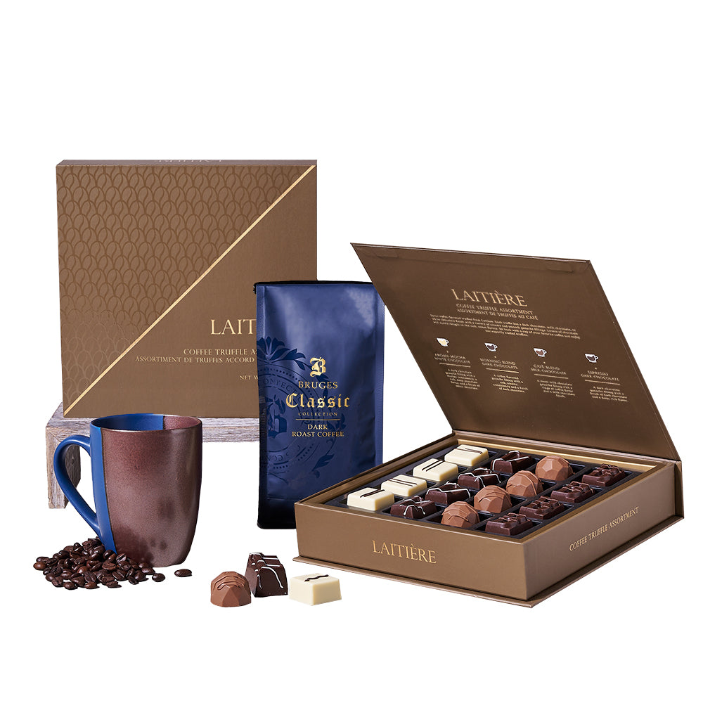 Taste of Coffee Gift, dark roast coffee, a stylish two-tone mug, and a box of delectable coffee ganache truffles, Gift Sets from Canada Blooms - Canada Delivery