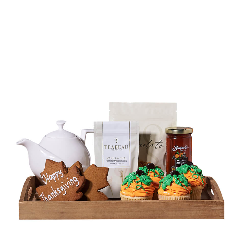Thanksgiving Tea Time Gift Tray, thanksgiving gift, thanksgiving, fall gift, fall, cupcake gift, cupcake, gourmet gift, gourmet, tea gift, tea. – Canada Blooms - Canada Delivery