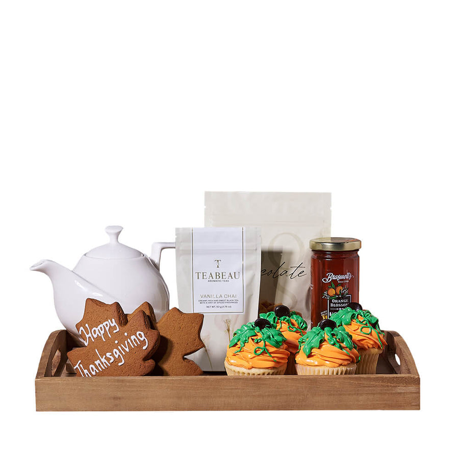 Thanksgiving Tea Time Gift Tray, thanksgiving gift, thanksgiving, fall gift, fall, cupcake gift, cupcake, gourmet gift, gourmet, tea gift, tea. Blooms Canada Delivery