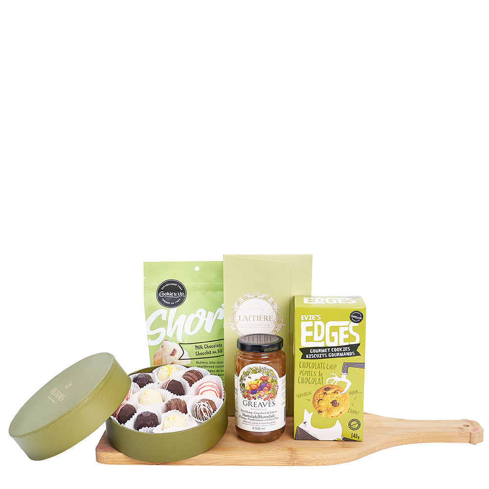 The Chocolate Celebration Gourmet Gift Basket, 12 assorted chocolate truffles, a bar of rich chocolate, chocolate chip cookies, marmalade, and is suitable for any occasion, Gourmet Gifts from Canada Blooms - Canada Delivery