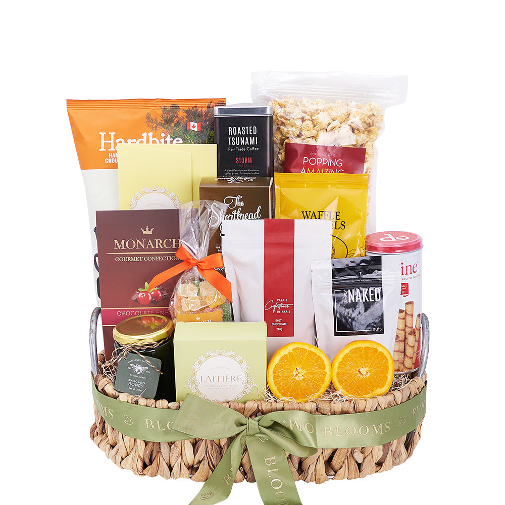 The Classy Snacking Gift Basket, chocolates, chips, nuts, pretzels, cookies, to candy, hot chocolate, and coffee, this gift has a little something for everyone, Snack Gifts from Canada Blooms - Canada Delivery