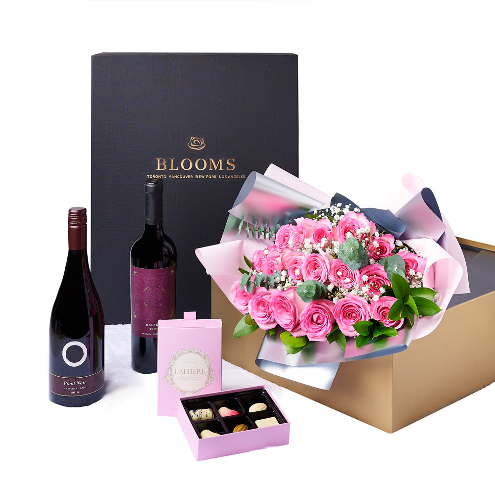 The Complete Pink Rose & Wine Gift Set, wine gift, rose bouquet, chocolate gift, mother's day – Canada Blooms - Canada Delivery