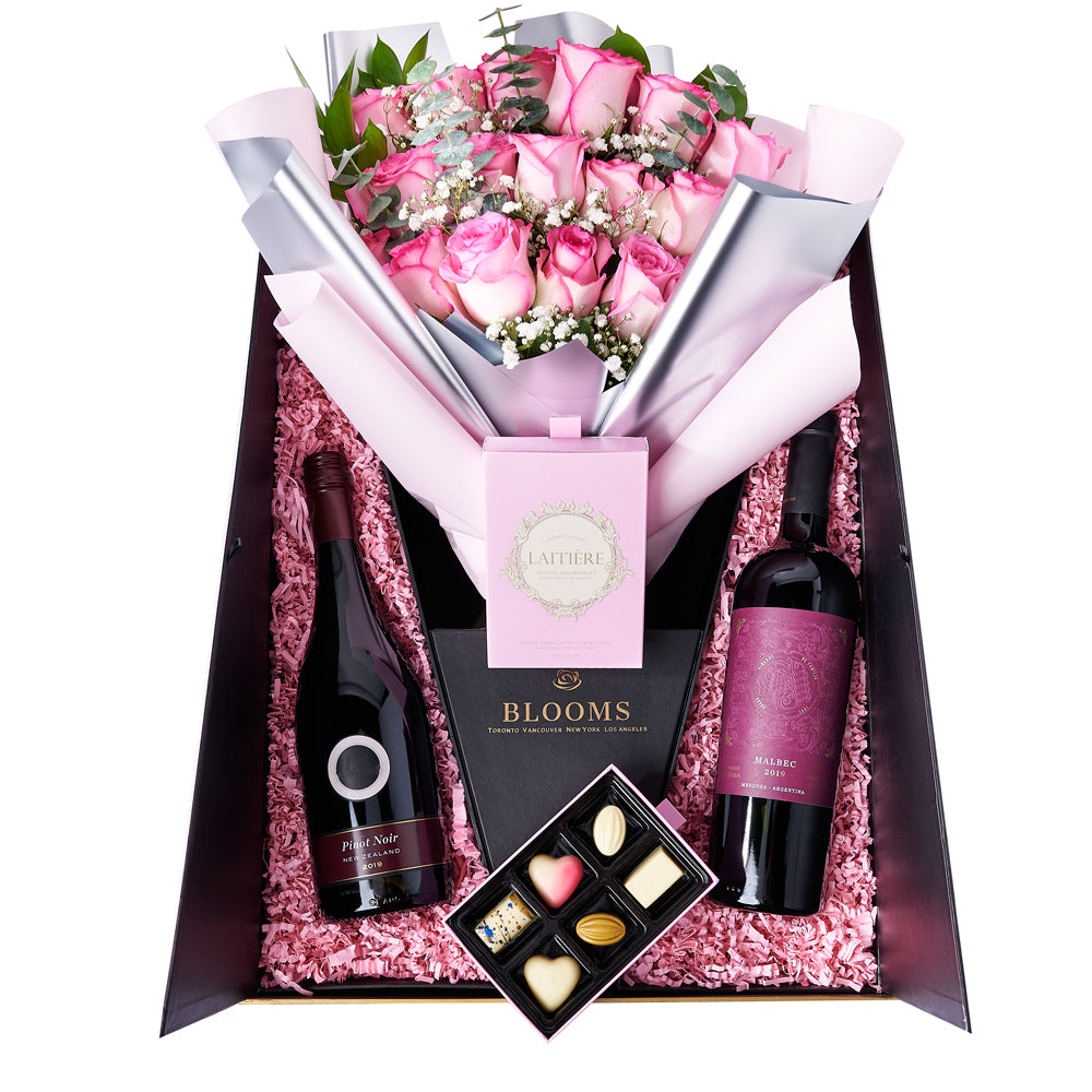 The Complete Pink Rose & Wine Gift Set, wine gift, rose bouquet, chocolate gift, mother's day – Canada Blooms - Canada Delivery