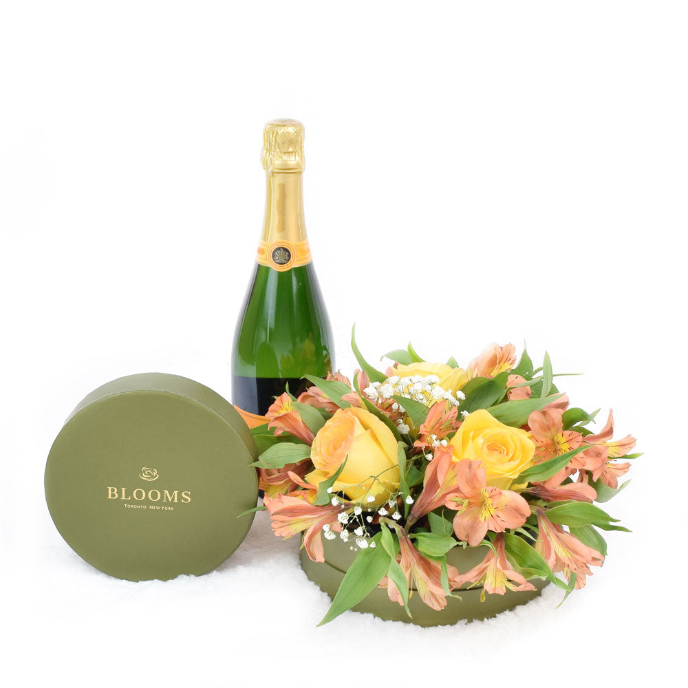 The Perfect Trio Flowers & Champagne Gift, combining perennial favorites - champagne, flowers, and a box of gourmet chocolates, Flower Gifts from Canada Blooms - Canada Delivery