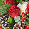 Ultimate Holiday Flower Box, roses, carnations, pine cones, alstroemeria, daisies, berries, greens, and holiday decorations in a sleek round green designer box, Flower gifts from Blooms Canada - Same Day Canada Delivery.