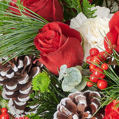 Ultimate Holiday Flower Box, roses, carnations, pine cones, alstroemeria, daisies, berries, greens, and holiday decorations in a sleek round green designer box, Flower gifts from Blooms Canada - Same Day Canada Delivery.