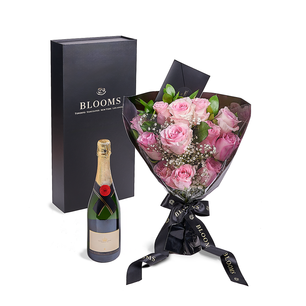 Valentine's Day 12 Stem Pink Rose Bouquet With Box &amp; Champagne, – Canada Blooms - Canada Delivery