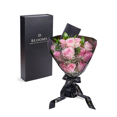 Valentine's Day 12 Stem Pink Rose Bouquet With Designer Box, Blooms Canada- Blooms Canada Delivery