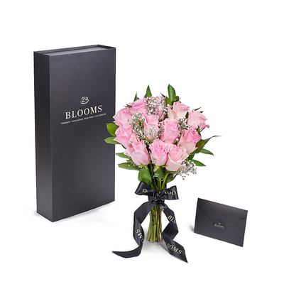 Valentine's Day 12 Stem Pink Rose Bouquet With Designer Box, Blooms Canada- Blooms Canada Delivery