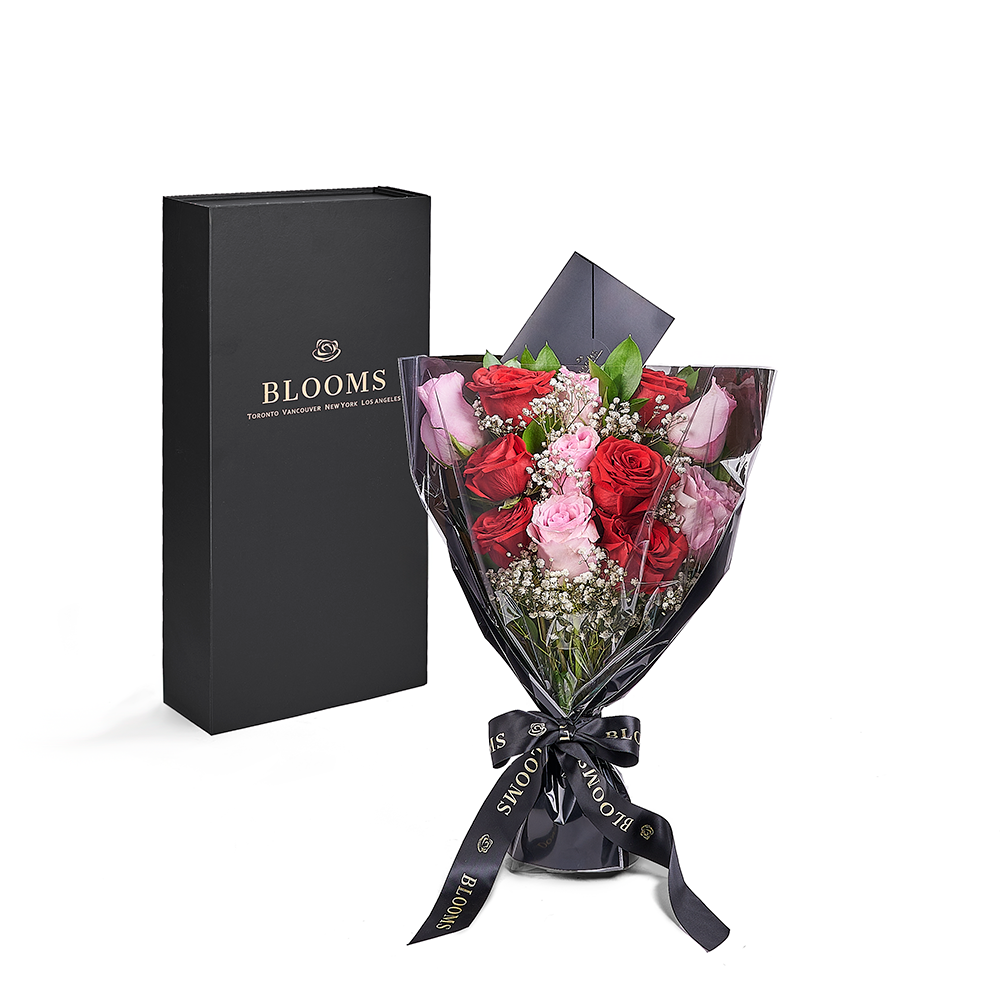 Valentine's Day 12 Stem Pink &amp; Red Rose Bouquet With Designer Box, – Canada Blooms - Canada Delivery