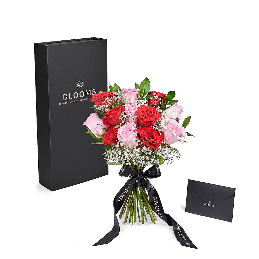 Valentine's Day 12 Stem Pink & Red Rose Bouquet With Designer Box, – Canada Blooms - Canada Delivery
