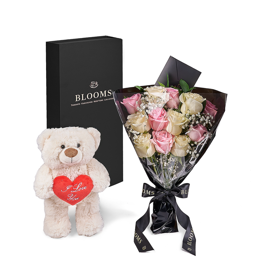 Valentine's Day 12 Stem Pink & White Rose Bouquet With Box & Bear, rose gift, rose, valentines day gift, valentines day, plush gift, plush, bear gift, bear, – Canada Blooms - Canada Delivery