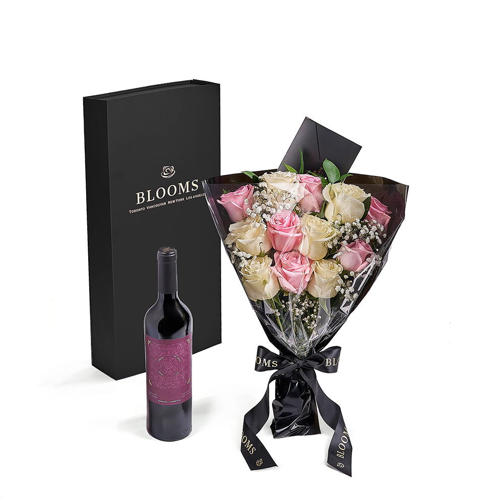 Valentine's Day 12 Stem Pink & White Rose Bouquet with Box & Wine, valentines day gift, valentines day, rose gift, rose, wine gift, wine, – Canada Blooms - Canada Delivery