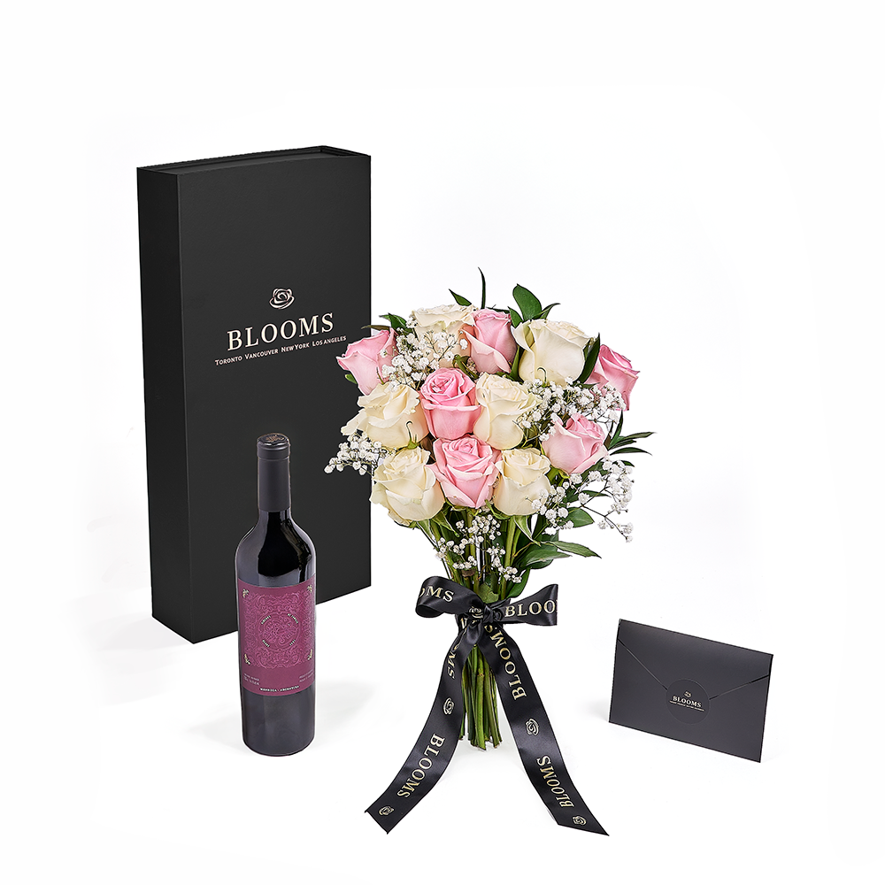 Valentine's Day 12 Stem Pink & White Rose Bouquet with Box & Wine, valentines day gift, valentines day, rose gift, rose, wine gift, wine, – Canada Blooms - Canada Delivery