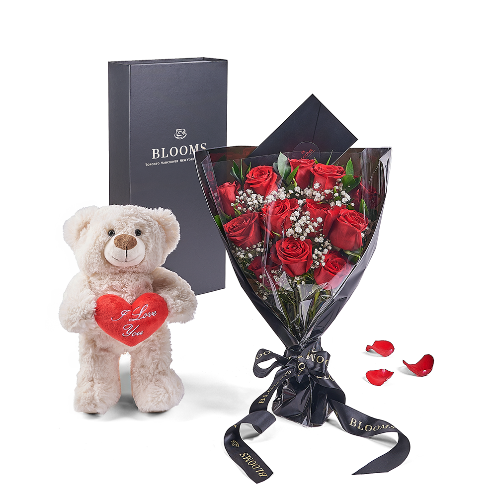Valentine's Day 12 Stem Red Rose Bouquet With Box &amp; Bear, plush, roses, Valentine's day gifts, – Canada Blooms - Canada Delivery